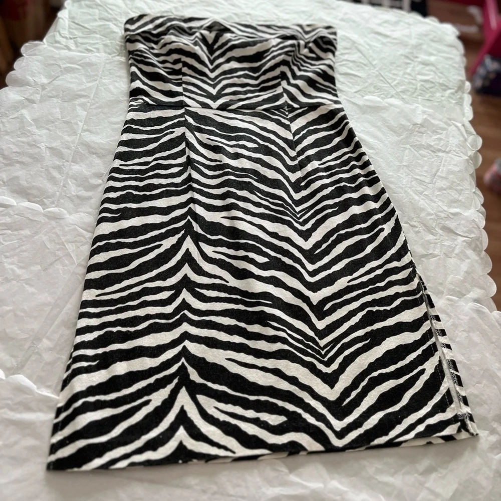EUC VTG 90s L zebra stripe strapless dresss cotton/lycra side slits - Picture 5 of 16